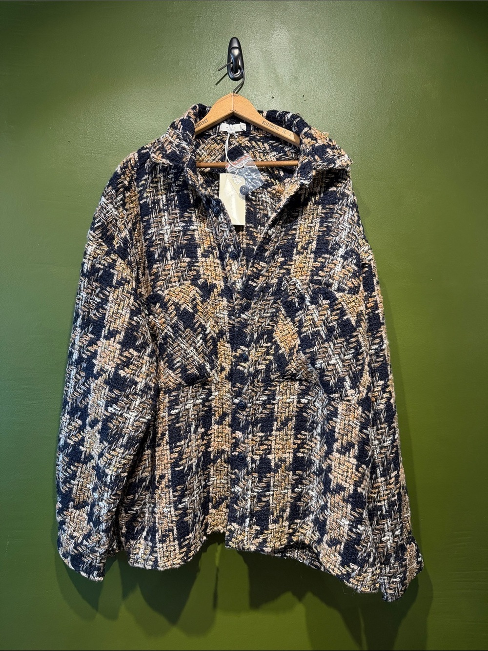 mnml Textured Navy and Cream Wool Blend Shirt Jacket